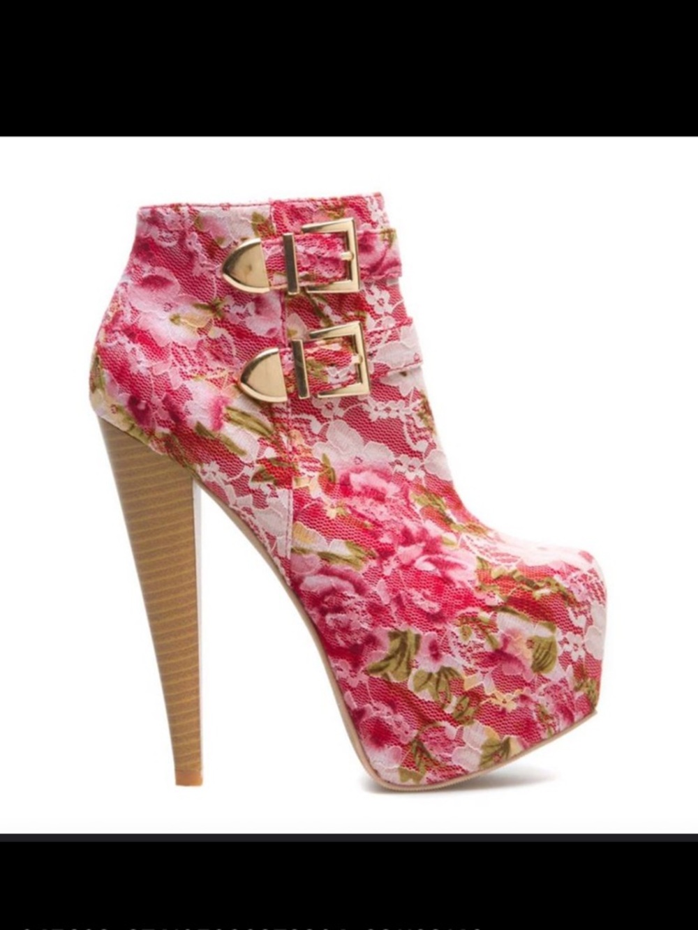 Madison Pink Floral Lace Platform Ankle Boot with Gold Buckles